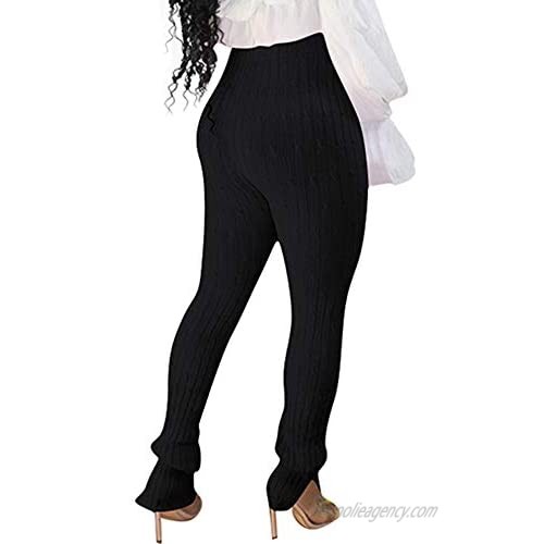 ALLUMK Women Casual High Waist Stretch Knit Pencil Pants Solid Skinny Split Hem Trousers Loungewear