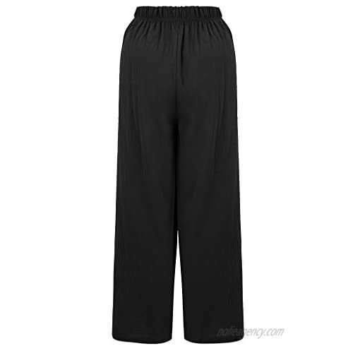 DEATU Cotton Linen Pants Women Wide Leg Ankle-Length Lounge Pants Button Loose Casual Pants