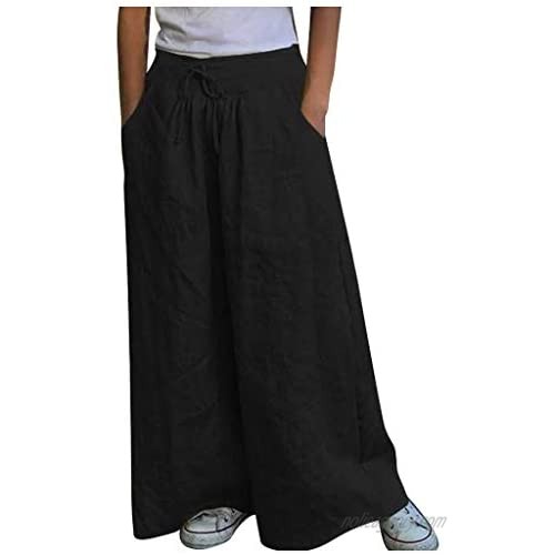 DEATU Wide Leg Pants Women Cotton Linen Ankle-Length Pants with Pockets Elastic Waist Comfy Loose Lounge Pants