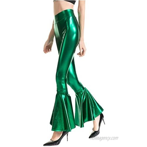 FYMNSI Women’s Wetlook Mermaid Wide Leg Flared Bootcut Palazzo Hippie Pants Metallic Yoga Bell Bottom Retro 70s Trousers