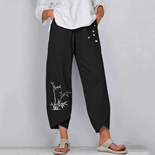 HLENLO 2021 Women's Summer Loose Cropped Pants Cotton Linen Pants Boho Casual Elastic Waist Harem Trousers Baggy Pants
