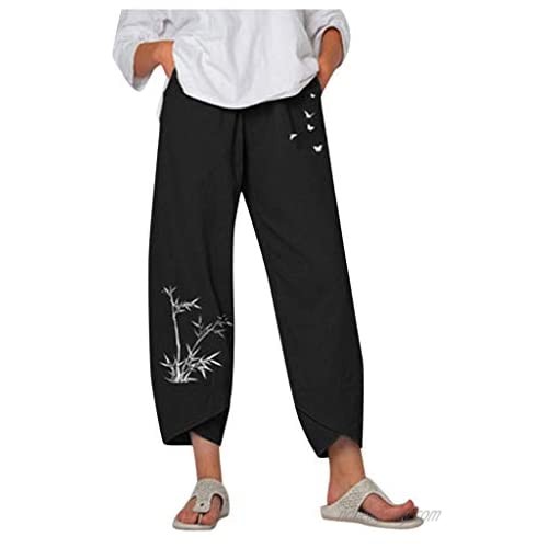 HLENLO 2021 Women's Summer Loose Cropped Pants Cotton Linen Pants Boho Casual Elastic Waist Harem Trousers Baggy Pants