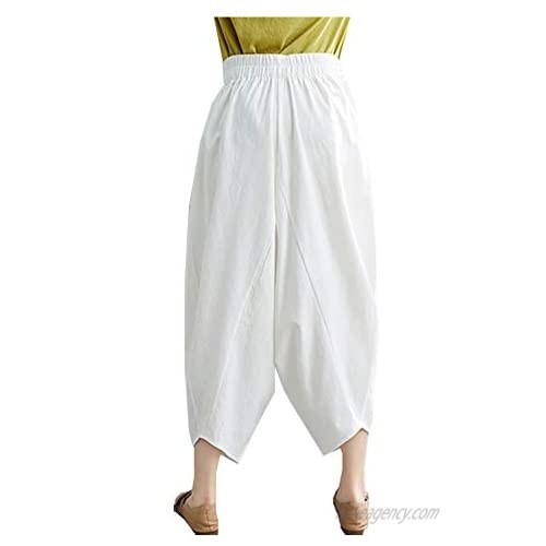 SCOFEEL Women's Casual Cotton Linen Wide Leg Pants Elastic Waist Loose Baggy Trousers Cropped