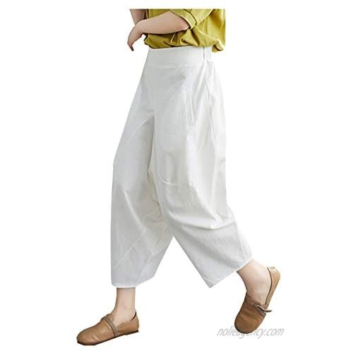 SCOFEEL Women's Casual Cotton Linen Wide Leg Pants Elastic Waist Loose Baggy Trousers Cropped