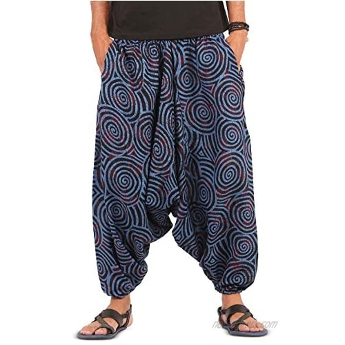The Harem Studio Mens Womens Boho Hippie Baggy Cotton Harem Pants with Pockets - Spiral Design