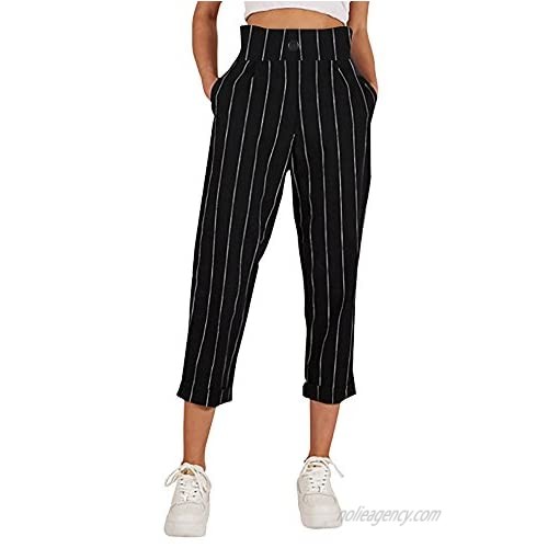 TIMEMEANS Women's Casual Trousers Striped Slim Straight Leg Button Pants with Pockets