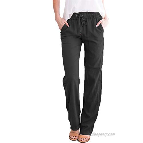 Women's Elastic Drawstring Tapered Pant Casual Linen Lightweight Pants Cotton Summer Trousers (Large Black)