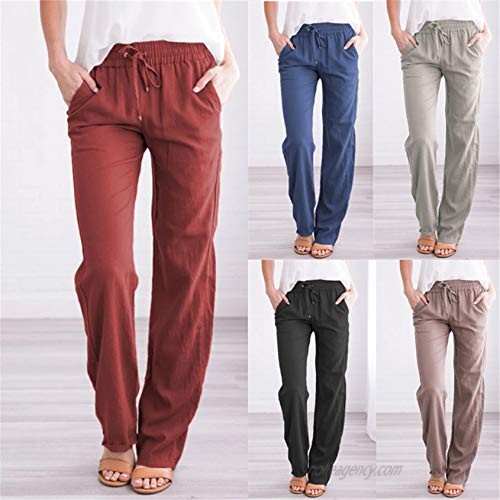 Womens Tapered Pants Cotton Linen Drawstring Pant Elastic Waist Wide Leg Pants (Medium Khaki)