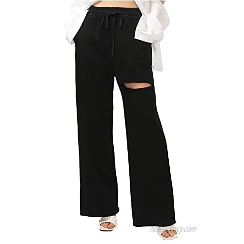 ANRABESS Women's Sweatpants High Waist Ripped Straight Leg Casual Loose Fit Workout Pants