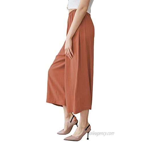 MEOMUA Women's Wide Leg Linen Pant Relaxed Cotton Elastic Waist Crop Pants