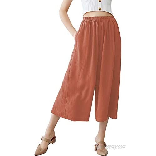 MEOMUA Women's Wide Leg Linen Pant Relaxed Cotton Elastic Waist Crop Pants