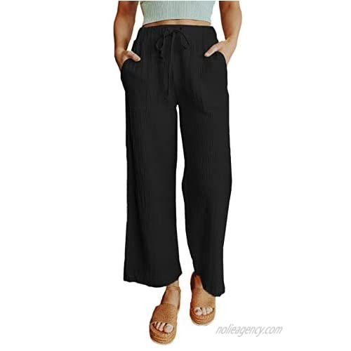 ROSKIKI Women's High Waist Drawstring Lightweight Pockets Wide Leg Solid Color Loose Fit Lounge Pants