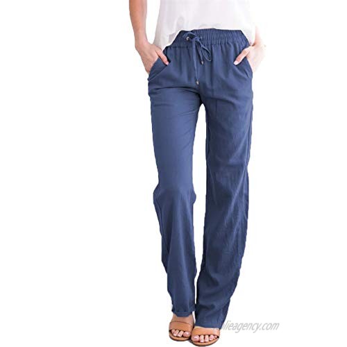 Women's Linen Pants Elastic Wasit Lightweight Pants Cotton Casual Drawstring Tapered Pant Drawstring Pants with Pockets (Large Blue)