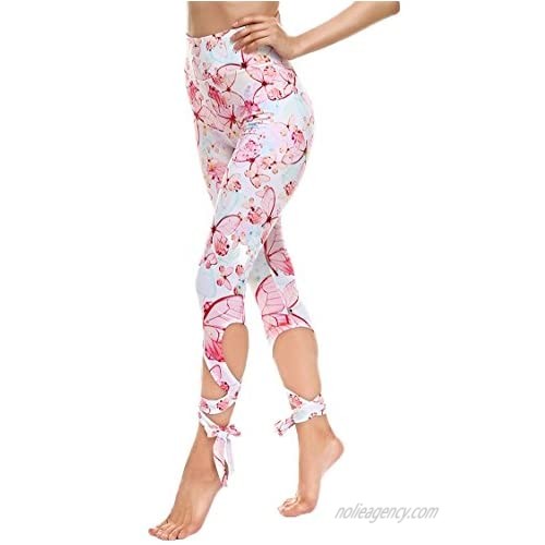 JORYEE Women's High Waist Bandage Tie Cut Out Print Workout Yoga Capri Leggings Tight