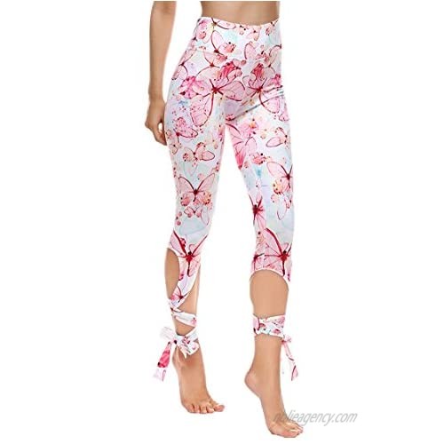 JORYEE Women's High Waist Bandage Tie Cut Out Print Workout Yoga Capri Leggings Tight