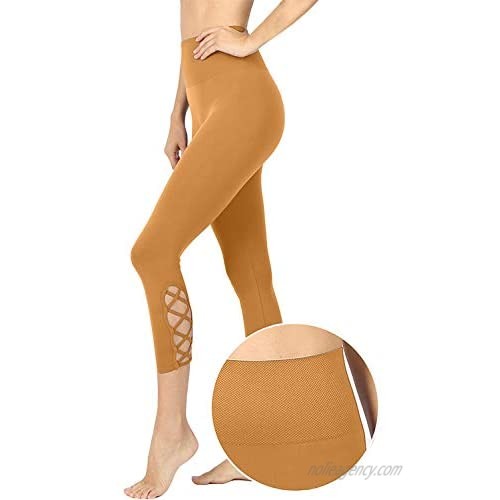NE PEOPLE Womens Lightweight High-Waisted Lattice-Hem Tummy Control Capri Solid Active Leggings (S-XL)