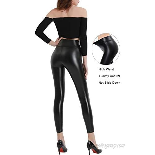 Retro Gong Black Faux Leather Leggings for Women High Waisted Leather Pants with Stretchy
