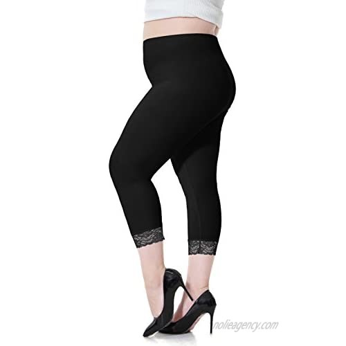 Women's Plus Size Workout Capri Leggings Stretchy Yoga Tights Solid with Lace Trim