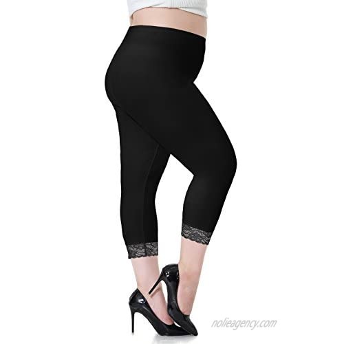 Women's Plus Size Workout Capri Leggings Stretchy Yoga Tights Solid with Lace Trim