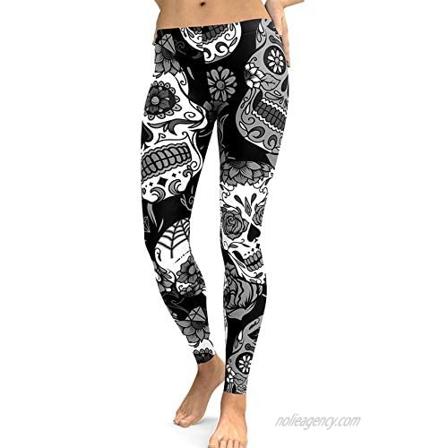 Women's Sugar Skull Printed Leggings Brushed Buttery Soft Ankle Length Tights