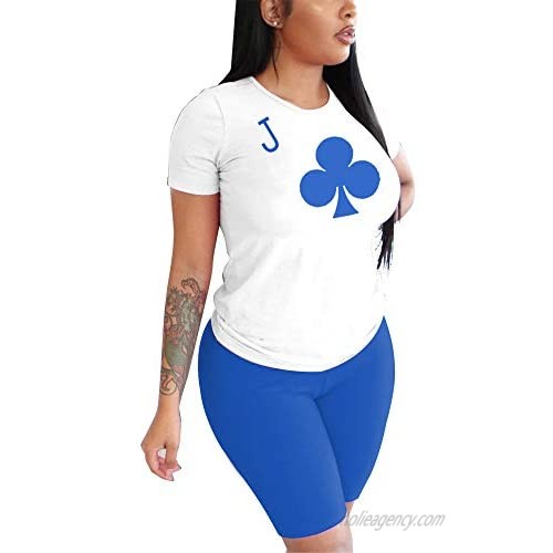 2 Piece Outfits for Women - Casual Poker Face Printed Two PC Sets Long Sleeve T Shirts + Skinny Pants Sweatsuits