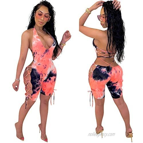 acelyn Women Summer Short Jumpsuits - Tie Dye Print Lace Up Halter Backless Sexy Cutout Bodycon Romper Catsuit