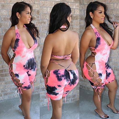 acelyn Women Summer Short Jumpsuits - Tie Dye Print Lace Up Halter Backless Sexy Cutout Bodycon Romper Catsuit