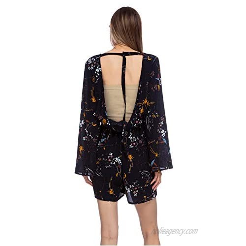 Anna-Kaci Women's V Neck Floral Backless Playsuit Long Sleeve Romper Jumpsuit