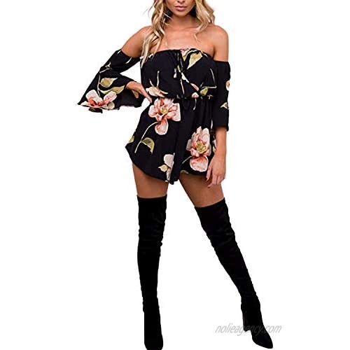 Auxo Women Summer Romper Floral Print Short Jumpsuits Rompers with Pockets