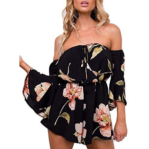 Auxo Women Summer Romper Floral Print Short Jumpsuits Rompers with Pockets