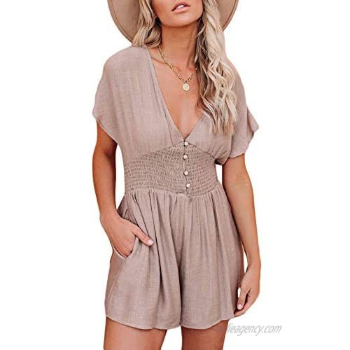 DRESSMECB Women's Strapless Sleeveless Ruched Palazzo Jumpsuit Romper with Drawstring Tie Pockets