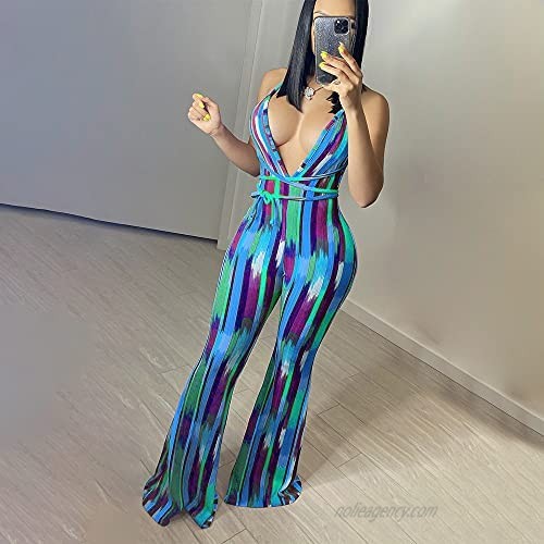 ECHOINE Women's Sexy One Piece Outfits - Halter Neck Backless Stripe Bodycon Bell-Bottoms Wide Leg Pants Jupsuits S XXL