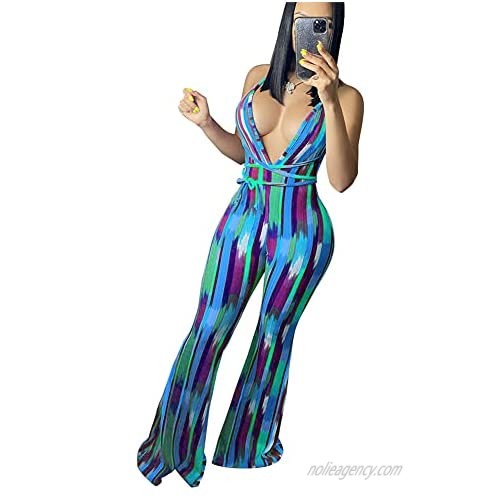 ECHOINE Women's Sexy One Piece Outfits - Halter Neck Backless Stripe Bodycon Bell-Bottoms Wide Leg Pants Jupsuits S XXL