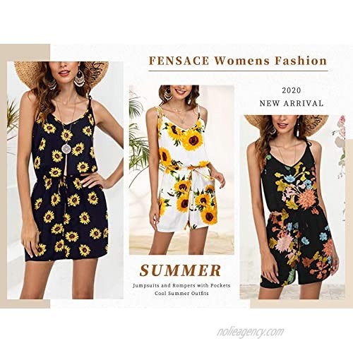 FENSACE Adjustable Shoulder Strap V Neck Sunflower Short Romper and Jumpsuits for Women Casual Summer