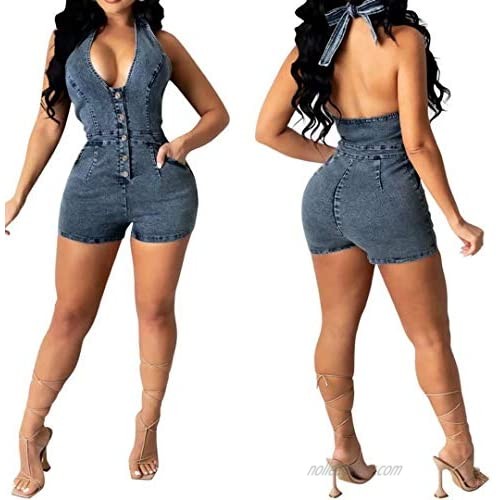 IyMoo Jean Romper Shorts for Women Jumpsuits-Sexy Sleeveless Backless Bandage Jumpsuits Shorts with Pockets