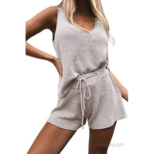 JOYCHEER Womens Two Piece Outfits V Neck Sleeveless Knit Rompers Summer Drawstring Shorts Lounge Set