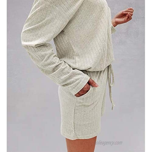 KDTOCC Women's 2 Piece Loose Solid Off Shoulder Long Sleeve Elastic Waist Short Romper with Pockets