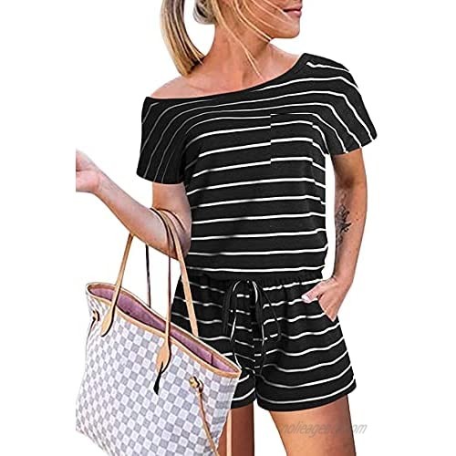 KDTOCC Women's Outfit Sexy Loose Solid Shortsleeves Elastic Waist Short Casual Rompers with Pockets W Stripe S