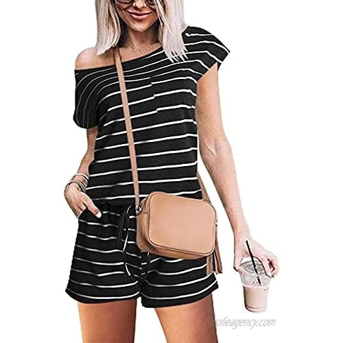 KDTOCC Women's Outfit Sexy Loose Solid Shortsleeves Elastic Waist Short Casual Rompers with Pockets W Stripe S