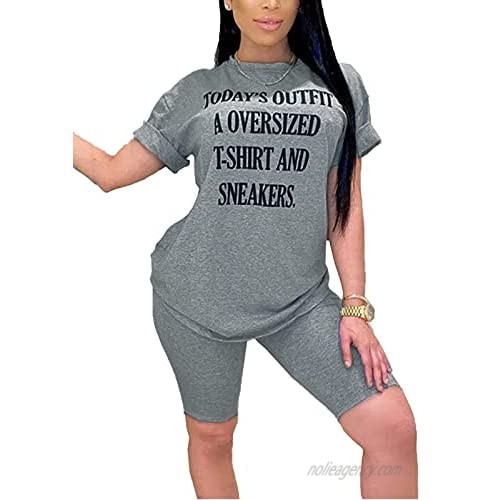 KOOBETON Womens 2 Piece Outfit Letter Print T Shirt Bodycon Shorts Set Tracksuit