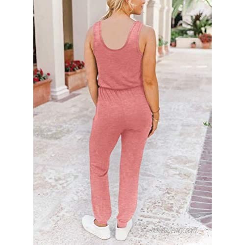 LACOZY Women's Summer Scoop Neck Buttons Tank Top Long Jumpsuits Rompers with Pockets