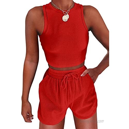 LAGSHIAN Women's Casual Workout 2 Piece Outfits Sexy Crop Tank Top Shorts Pockets Set