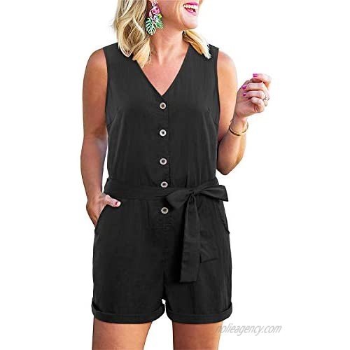 LAISHEN Womens Summer Sleeveless Button Down Rompers V-Neck Short Jumpsuits with Pockets