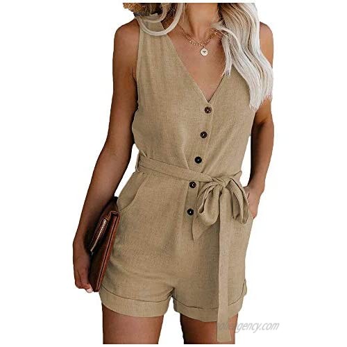 Lghxlxry Women's Summer Button Down V-Neck Short Jumpsuit Casual Sleeveless Belted Short Rompers with Pocket