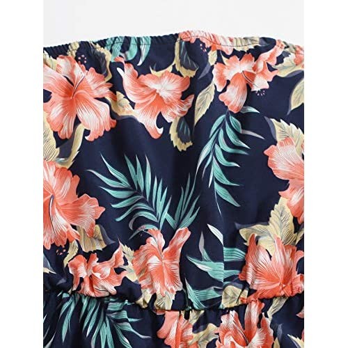 MakeMeChic Women's Floral Print Off Shoulder Strapless Short Romper Jumpsuit