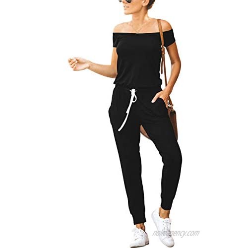 Margrine Women's Summer Casual Off Shoulder Short Sleeve Elastic Waist Beam Foot Jumpsuits Romper with Pockets