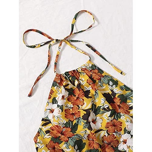 Milumia Women Boho Floral Print Halter Neck Cami Romper High Waist Backless Jumpsuit