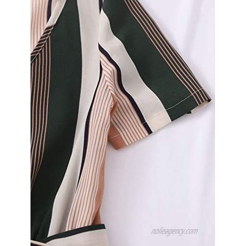 Milumia Women Colorblock Striped V Neck Romper High Waist Short Sleeve Belted Jumpsuit