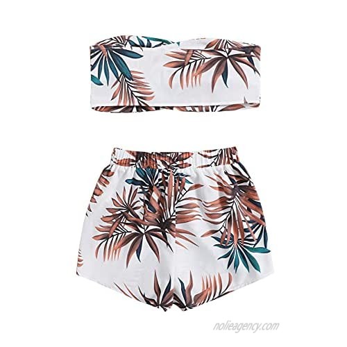 Milumia Women's Tropical Print Outfit Knot Front Bandeau Top Crop Tube Top Shorts Set Multicolor Small