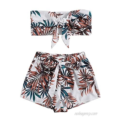 Milumia Women's Tropical Print Outfit Knot Front Bandeau Top Crop Tube Top Shorts Set Multicolor Small